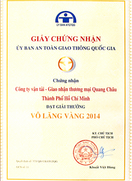Chứng nhận - Vận Tải Quang Châu - Công Ty CP Vận Tải Giao Nhận & TM Quang Châu